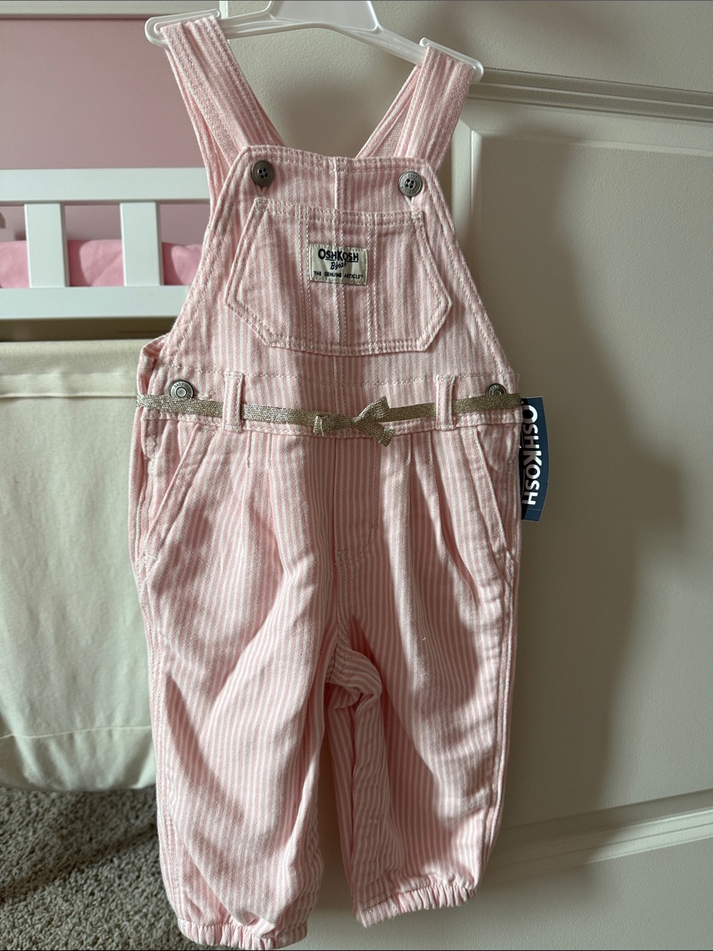 OshKosh B'gosh Light Pink Striped Overalls with Sparkly Bow